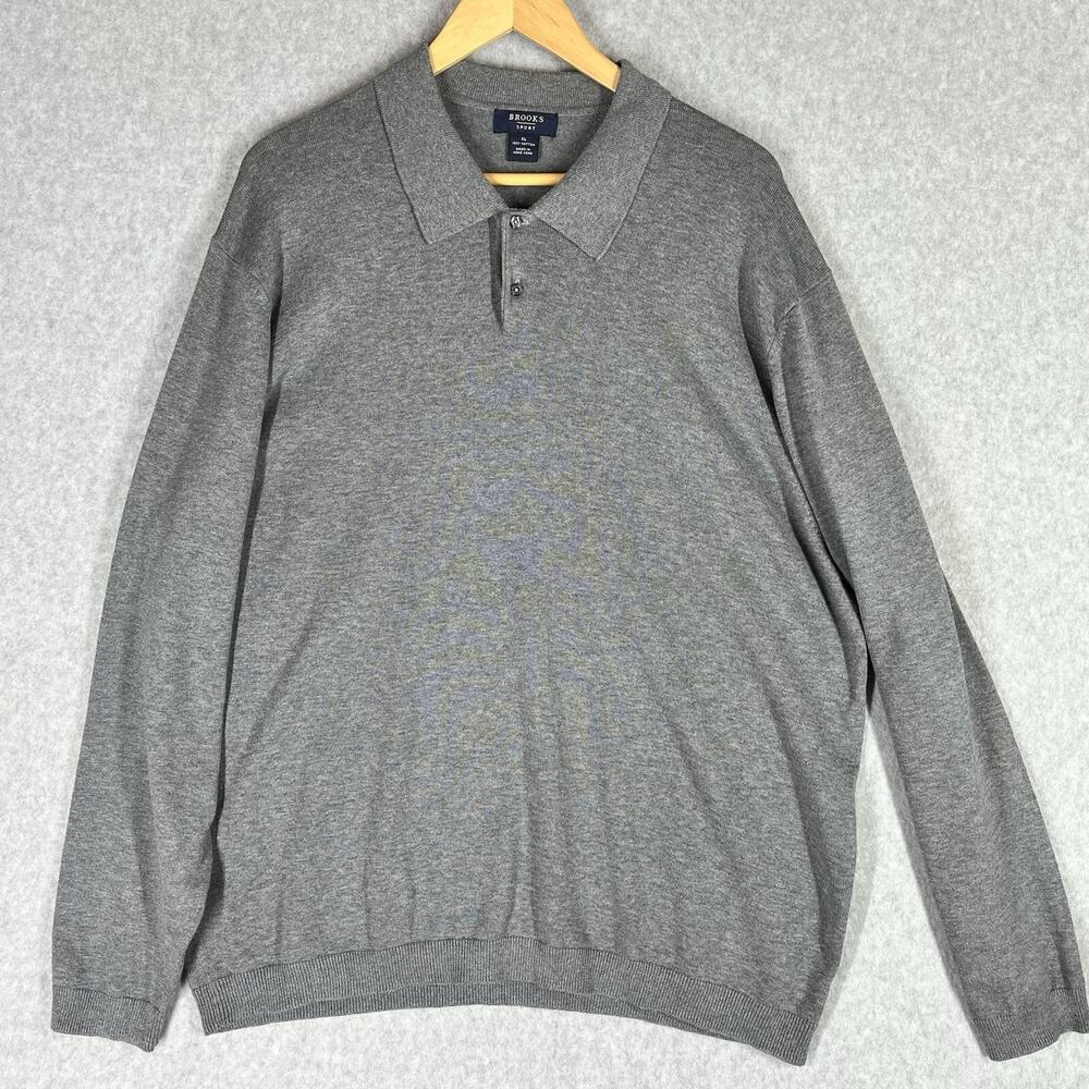 Brooks Sport Mens XL 100% Gray Cotton Polo Sweater Vintage Hong Kong